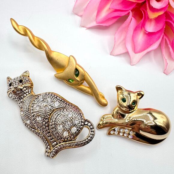 Cat Pin Brooch Lot Set Of Three AJC Twisted Tail Green Eyes Mixed Metal Matte - Picture 1 of 12